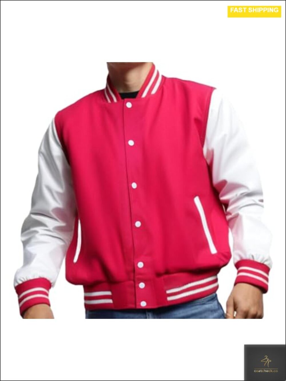 Wool & Faux Leather Varsity Jacket Letterman Snap Button Men's